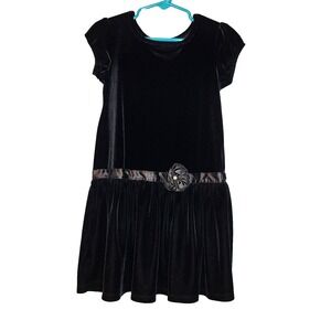 Perfectly Dressed Black Velour Drop Waist Ribbon Dress‎ Party Girls XS 4/5